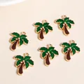 Detailed macro view of 6 enamel palm tree charms for DIY necklace and jewelry making - Green