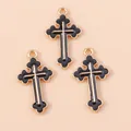 Drie vintage vergulde kruisbedeltjes met zwart emaille voor DIY-sieraden maken - Zwart