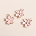 Pink sakura flower enamel pendants with gold plating and crystal center for DIY jewelry - Pink