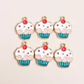 Close-up of six enamel cupcake charms with gold plating and colorful drip oil finish - Colorful