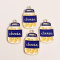 Detailed close-up of mini alloy cheese jar charms with blue labels for DIY jewelry making - Yellow