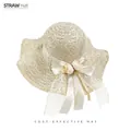 Light beige straw sun hat with white satin bow, lace ribbons and faux flower accents - D-0017 Beige Floral Lace Bow / M (56-58cm)