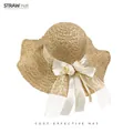 Light khaki straw sun hat with white lace ribbons and pink floral detail for summer beach - D-0017 Khaki Floral Lace Bow / M (56-58cm)