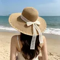 Straw beach hat with white lace ribbon and pearl beads in natural wood color finish - D-0023 Khaki Pearl Lace Ribbon / M (56-58cm)