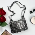Silver sequin chainmail crossbody bag with geometric metal shoulder strap and metallic finish - Gunmetal