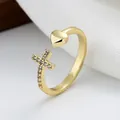 Gold open ring featuring a sparkling zircon cross and a polished heart-shaped design - Adjustable Open / Gold