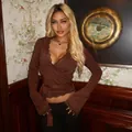 Women's brown slim-fit V-neck top with lace trim and wrap tie-up waist detail - XS / Coffee