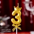 Golden number 3 birthday candle with crown and bow, sized at 3.1cm by 5.5cm - Crown Bow Golden Number Candle 3