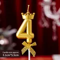 Gold number 4 birthday cake candle with crown and mesh bow on a white stick - Crown Bow Golden Number Candle 4