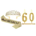 Elegante set per il 60° compleanno dorato con corona di strass fascia e candele - Tiara Fascia e Candele per il 60° Compleanno Oro