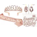 Kit de décoration 60e anniversaire or rose avec couronne, écharpe, topper et bougies. - Diadème Écharpe Bougie et Décoration de Gâteau de 60e Anniversaire Or Rose