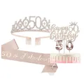 Kit 50e anniversaire or rose avec couronne strass écharpe décoration gâteau bougies - Diadème Écharpe Bougie et Décoration de Gâteau de 50e Anniversaire Or Rose
