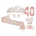 Set déco 40 ans or rose avec diadème écharpe ballons et bougies d'anniversaire - Diadème Écharpe Bougie Ballons et Décoration de Gâteau de 40e Anniversaire Or Rose