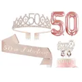 Set 50e anniversaire or rose avec couronne strass, écharpe, ballons et bougies - Diadème Écharpe Bougie Ballons et Décoration de Gâteau de 50e Anniversaire Or Rose