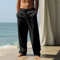 Men's loose black linen drawstring pants with a wide-leg cut for beach and vacation - S / Black