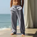 Men's grey linen casual straight leg trousers with drawstring waist and side pockets - S / Iron Grey