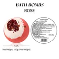 Detail view of 100g rose bath bomb with 6cm diameter size and product ingredients label - 100g Dried Flowers (Rose)