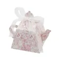 White teapot shaped favor box with pink floral patterns and white organza ribbon - White Pink Rose