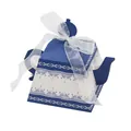 Blue teapot shaped paper gift box with floral pattern and white organza ribbon bow - Dark Blue with White Lace