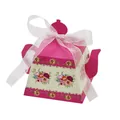 European teapot-shaped paper candy box in magenta with floral print and white ribbon - Rose Red and Cream Floral