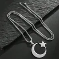 Collar de acero inoxidable con colgante de luna y estrella en cadena de caja fina - Cadena de Perlas Cuadradas / Plateado