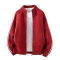 Rote Herren-Strickjacke mit weißen Streifen an den Ärmeln und Stehkragen mit Reißverschluss - M / Rot
