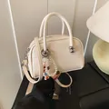 Chic cream white square handbag with pearl charm and silver ball detail in PU leather - With Pendant / White
