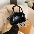 Minimalist black patent leather square handbag with stylish spherical metallic handle hardware - No Pendant / Black
