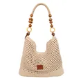 Beige geweven hobo draagtas met houten kralen handvat en minimalistische mesh textuur - Bruin Groot