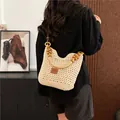 Handmade crochet tote bag in beige with dark wooden beads and leather label detail - Brown Small