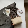 Minimalist beige woven crossbody bucket bag with brown leather handles and logo - Brown No Pendant