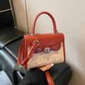 Contrast mini square bag in red and beige with bear illustration and top handle - Red