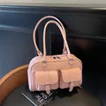Pink patent leather bowling tote bag with dual front pockets and silver hardware - Pink