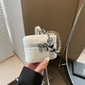 Mini pearl white crossbody bag with lychee texture and silver heart bead handle - White