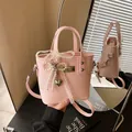 Elegant pink bucket bag featuring lace bow and pearl charms for a chic summer look. - Pink with Bowknot Heart Pendant