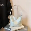 Light blue floral bucket bag in canvas material for women in daily casual style - Green