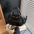 Bolso de cuero negro brillante con doble cremallera y correa de hombro desmontable - Negro Sin Pañuelo de Seda