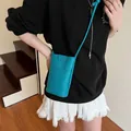 Sky blue litchi pattern leather crossbody phone bag with thin strap and front flap pocket - Blue without Pendant