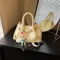 Chic cream pleated bucket bag with pearl charm and adjustable shoulder strap - 21*11*15 / Yellow With Pendant