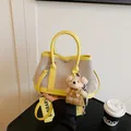 Bolso tote de lona en contraste gris y amarillo con lindo colgante de osito - Amarillo (Grande Con Colgante)