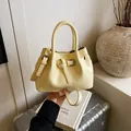 Pale yellow pleated bucket bag in soft faux leather with top handle and strap - 21*11*15 / Yellow Without Pendant