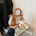 Khaki canvas and brown leather tote bag with cute teddy bear charm for women - Brown (Small With Charm)