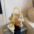 Mini tote bag in yellow leather and beige canvas with a cute brown bear charm - Yellow (Small With Charm)