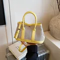 Contrast color tote bag in yellow and beige leather with canvas and shoulder strap - Yellow (Large Without Charm)