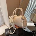 White litchi pattern leather Boston bag with lace bow and pearl heart pendant - Light Khaki With Charm