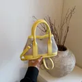 Mini yellow leather and canvas tote bag with contrast stitching and shoulder strap - Yellow (Small Without Charm)