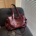 Retro burgundy large tote bag in polished leather with silver rivets and multi-pockets - Burgundy