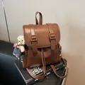 Vintage brown leather backpack with textured finish and cute bear charm for women - With Pendant / 25*11*25cm / Brown