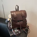 Retro dark brown large tote backpack with bear pendant and polka dot scarf detail - With Pendant / 25*11*25cm / Brown