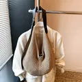 Fashionable khaki woven rope tote bag with black leather shoulder strap for women - Khaki